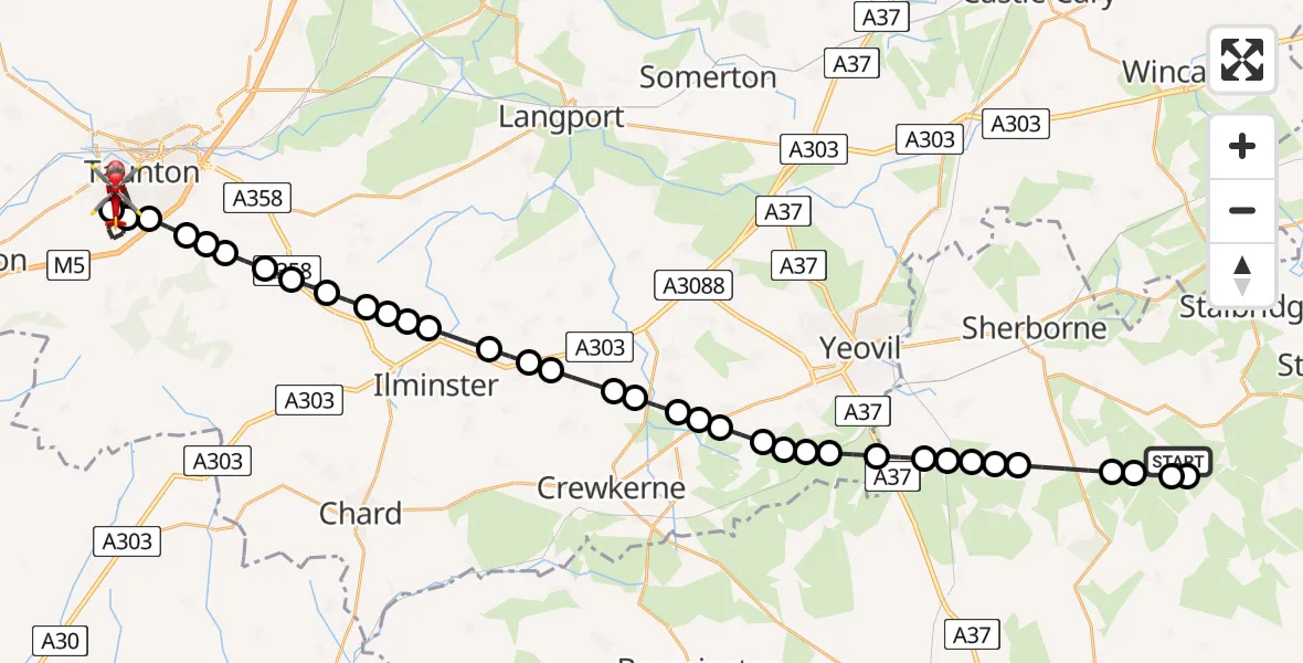 Flight route Air Ambulance Helicopter Holwell - Taunton, 18 July 2026, 20:59