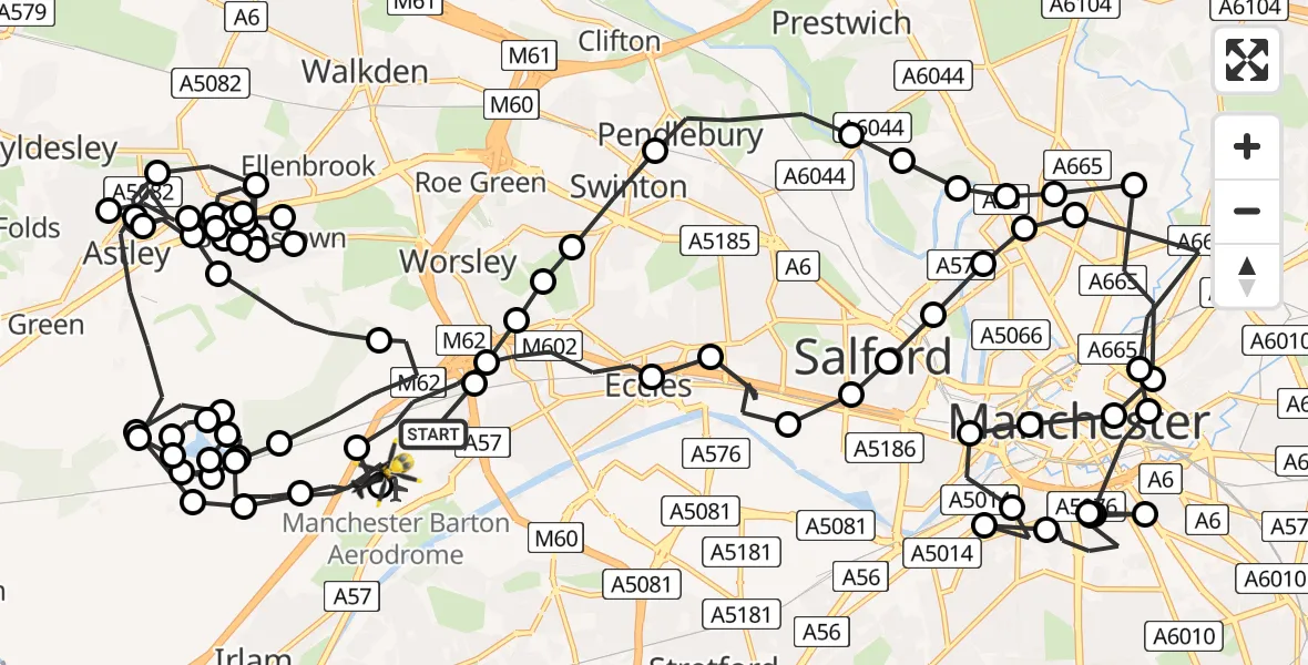 Flight route Police Helicopter Worsley - Manchester Barton Aerodrome, 18 July 2026, 21:03