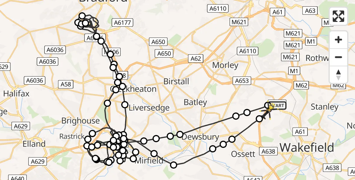 Flight route Police Helicopter Wrenthorpe - East Ardsley, 18 July 2026, 21:10