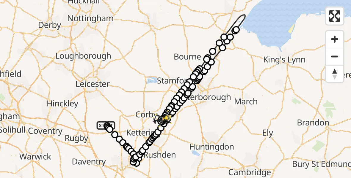 Flight route Police Helicopter Sibbertoft - Lyveden Airfield, 18 July 2026, 21:18