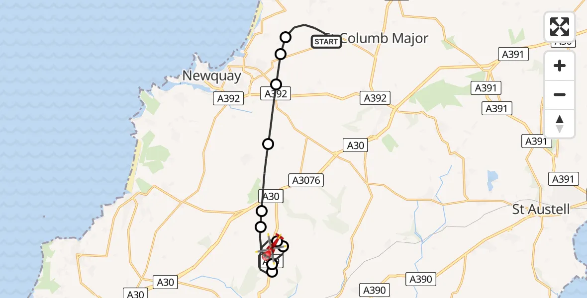 Flight route Air Ambulance Helicopter Cornwall Airport Newquay - Trispen, 18 July 2026, 21:33