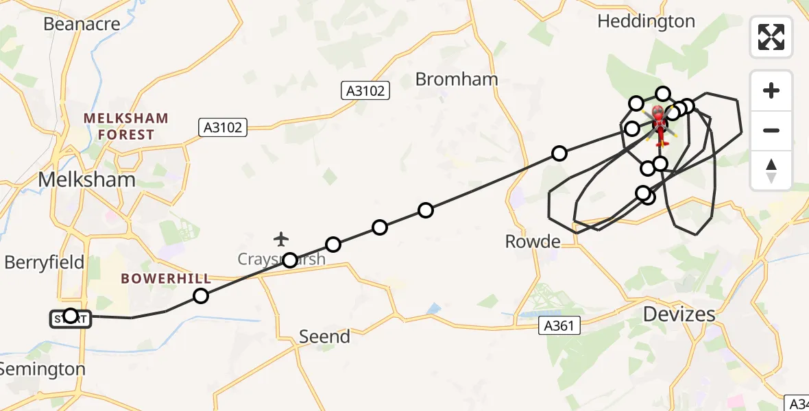 Flight route Air Ambulance Helicopter Wiltshire Air Ambulance - Rowde, 18 July 2026, 21:37