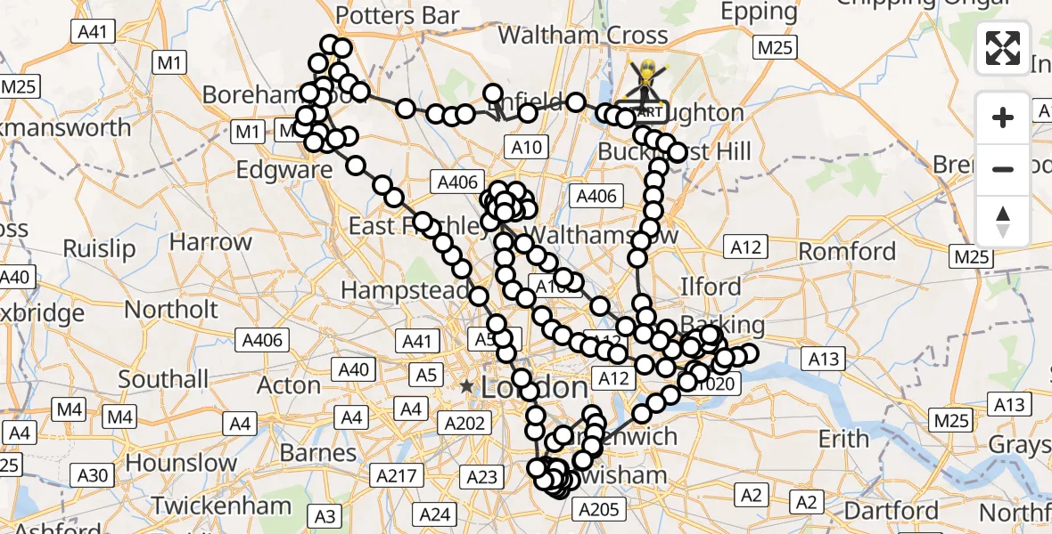 Flight route Police Helicopter Sewardstonebury - Sewardstonebury, 18 July 2026, 21:48
