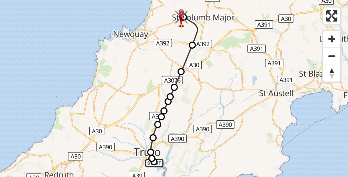 Flight route Air Ambulance Helicopter Truro - Cornwall Airport Newquay, 18 July 2026, 21:56