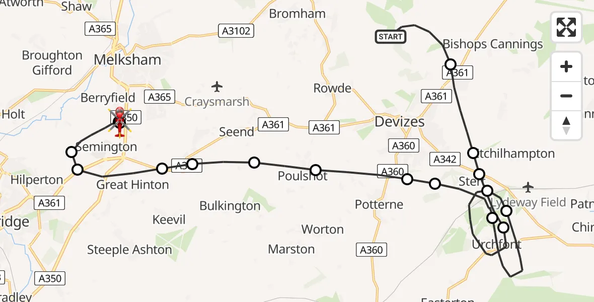 Flight route Air Ambulance Helicopter Devizes - Wiltshire Air Ambulance, 18 July 2026, 22:04