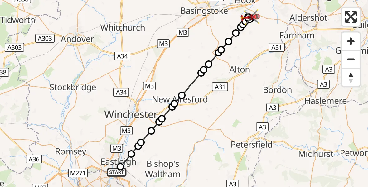 Flight route Air Ambulance Helicopter Southampton Airport - North Warnborough, 18 July 2026, 22:09