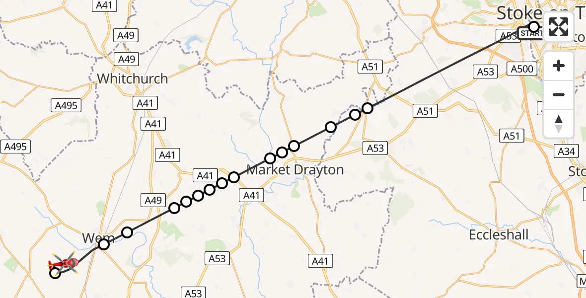 Flight route Air Ambulance Helicopter University Hospital North Staffs - Sleap Airfield, 18 July 2026, 22:18