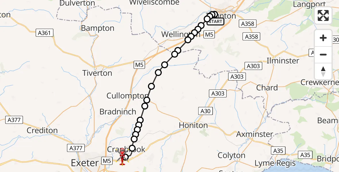 Flight route Air Ambulance Helicopter Taunton - Exeter International Airport, 18 July 2026, 22:19