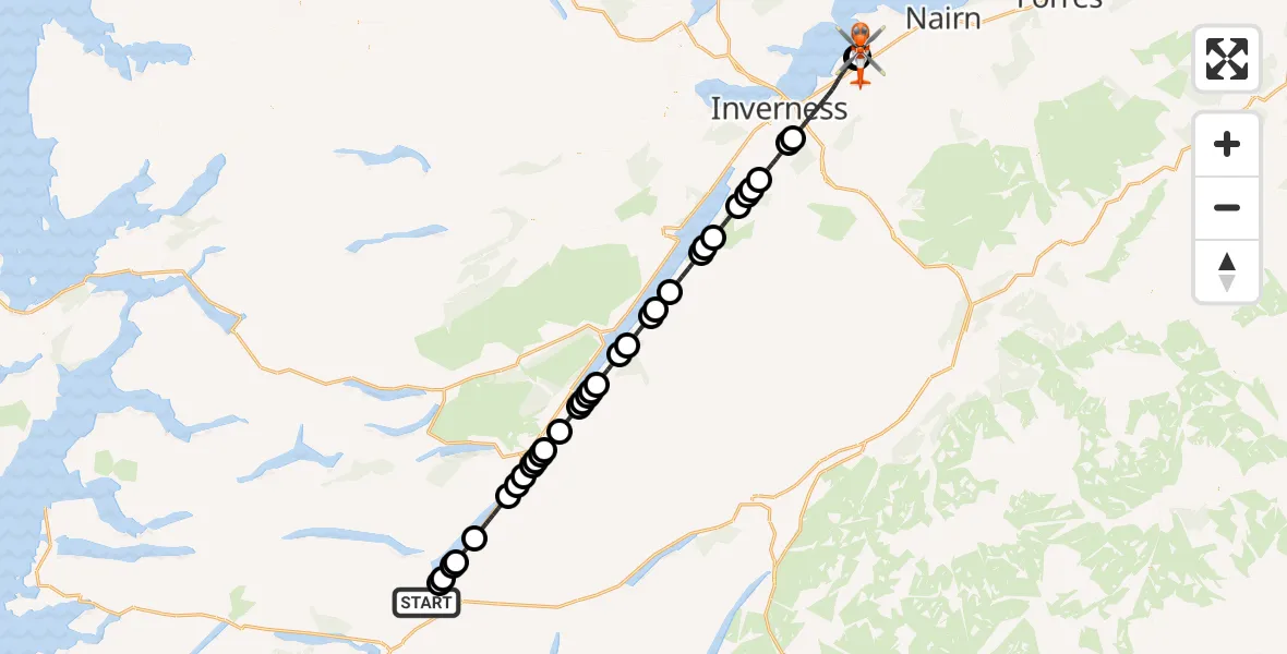 Flight route Coastguard Helicopter Spean Bridge - Inverness Airport, 18 July 2026, 22:20