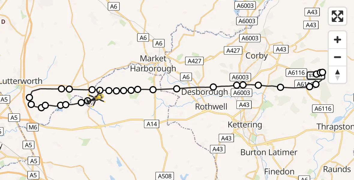 Flight route Police Helicopter Lyveden Airfield - Harborough, 18 July 2026, 22:22
