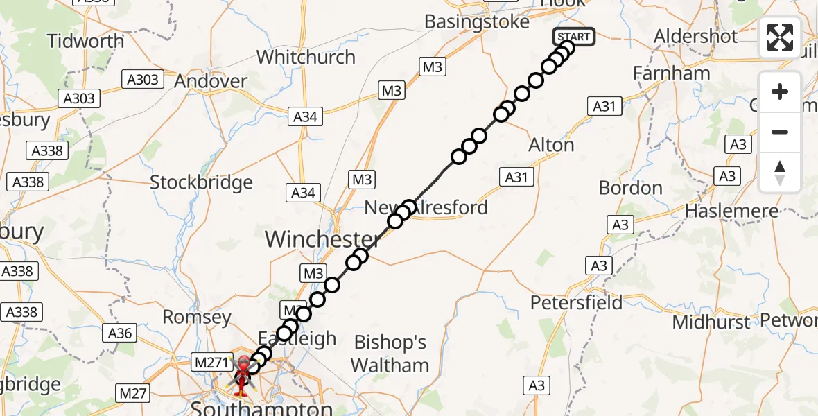 Flight route Air Ambulance Helicopter Odiham - University Hospital Southampton, 18 July 2026, 23:16