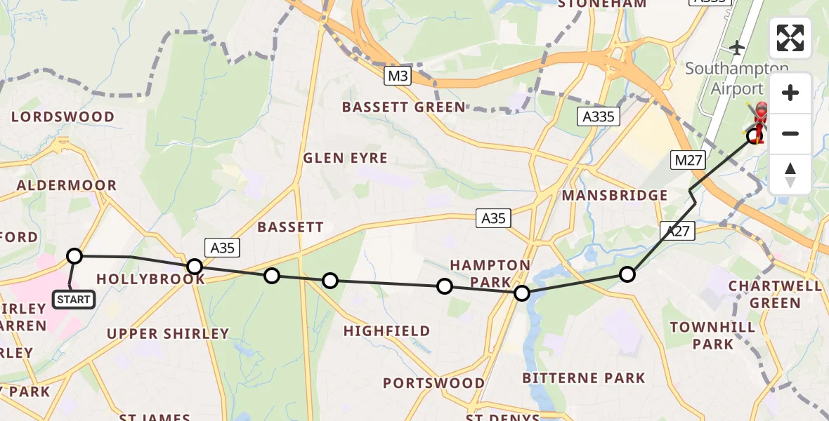 Flight route Air Ambulance Helicopter University Hospital Southampton - Southampton Airport, 19 July 2026, 00:12