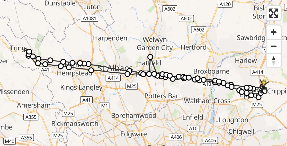 Flight route Police Helicopter Coopersale - North Weald Airfield, 19 July 2026, 00:26
