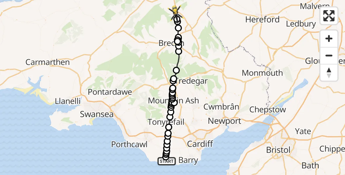 Flight route Police Helicopter MOD St Athan - Crickadarn, 19 July 2026, 00:28