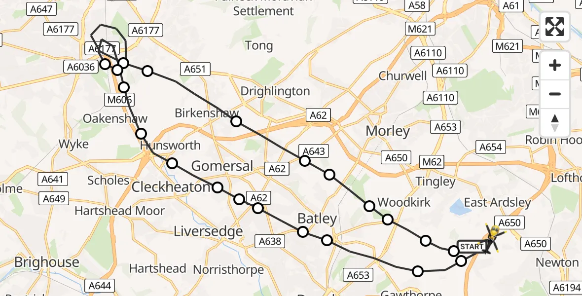 Flight route Police Helicopter East Ardsley - East Ardsley, 19 July 2026, 00:40