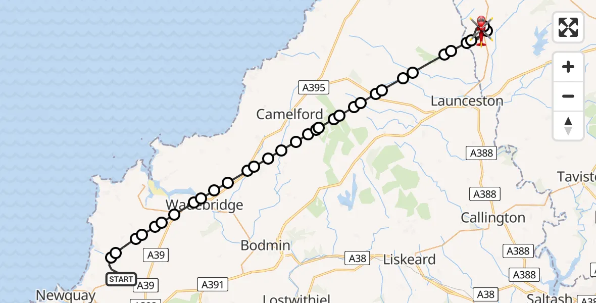 Flight route Air Ambulance Helicopter Cornwall Airport Newquay - Chapmans Well, 19 July 2026, 00:42
