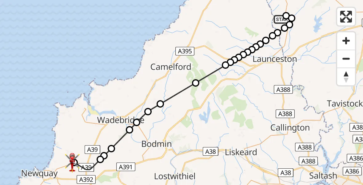 Flight route Air Ambulance Helicopter Chapmans Well - Cornwall Airport Newquay, 19 July 2026, 01:32