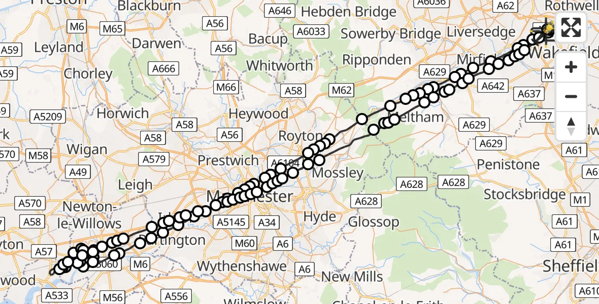 Flight route Police Helicopter East Ardsley - East Ardsley, 19 July 2026, 01:41