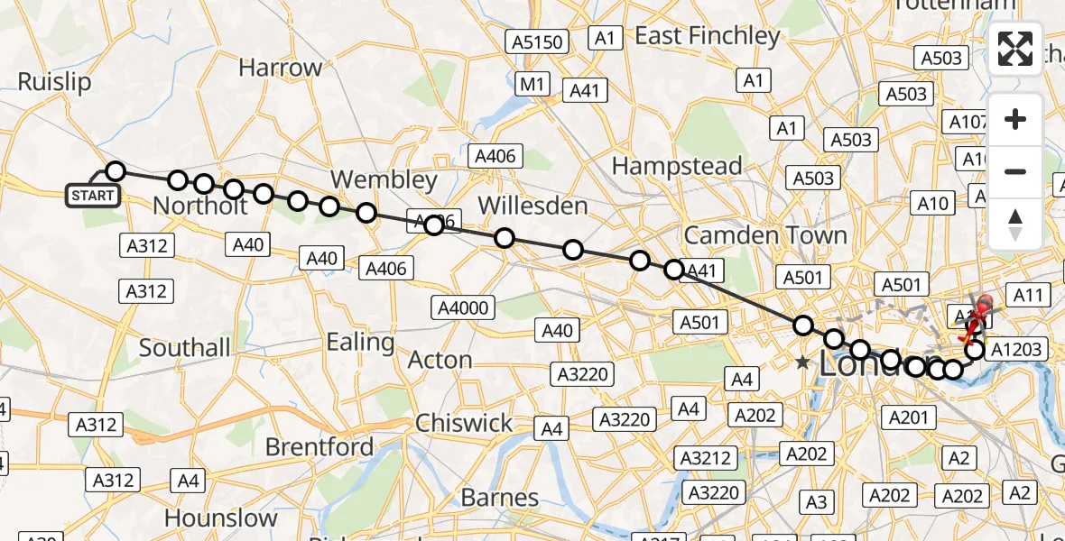Flight route Air Ambulance Helicopter RAF Northolt - Royal London Hospital, 19 July 2026, 06:37