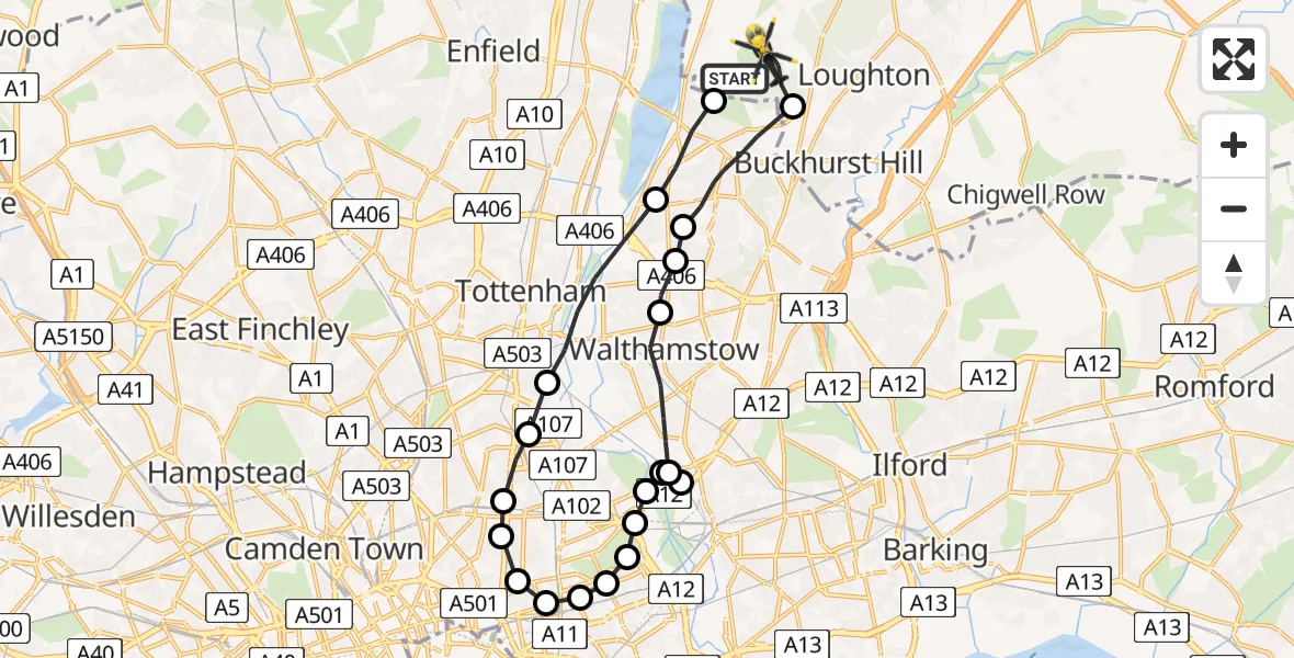 Flight route Police Helicopter Sewardstonebury - Sewardstonebury, 19 July 2026, 06:52