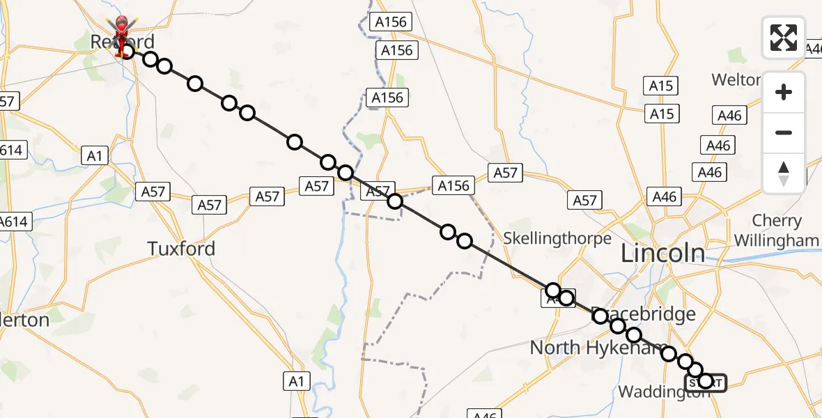 Flight route Air Ambulance Helicopter RAF Waddington - Retford, 19 July 2026, 08:07