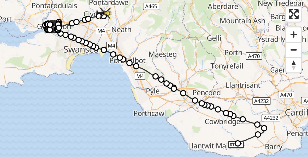 Flight route Police Helicopter St. Athan - Clydach, 19 July 2026, 08:29