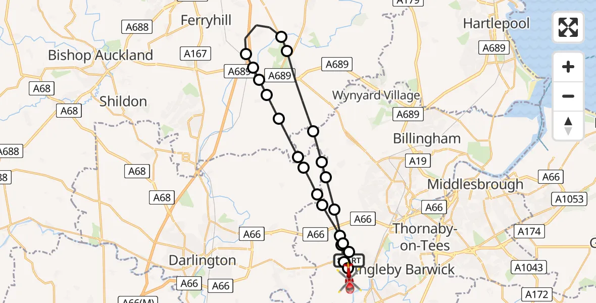 Flight route Air Ambulance Helicopter Egglescliffe - Longnewton, 19 July 2026, 08:34