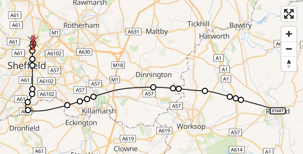 Flight route Air Ambulance Helicopter Retford - Sheffield Northern Hospital, 19 July 2026, 08:43