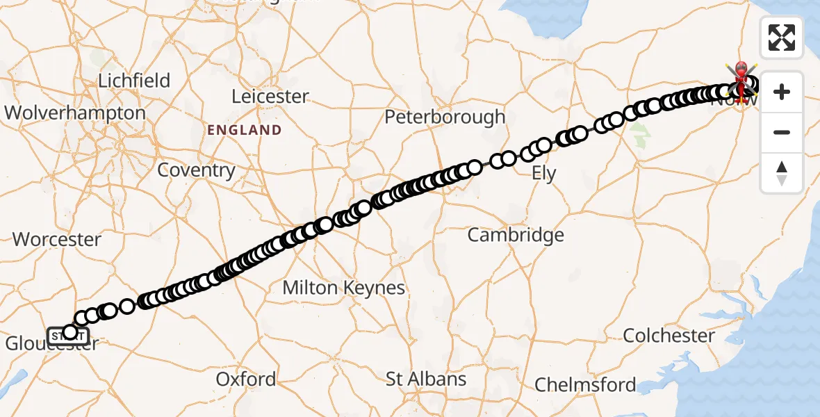 Flight route Air Ambulance Helicopter Gloucestershire Airport - Norwich Airport, 19 July 2026, 08:57