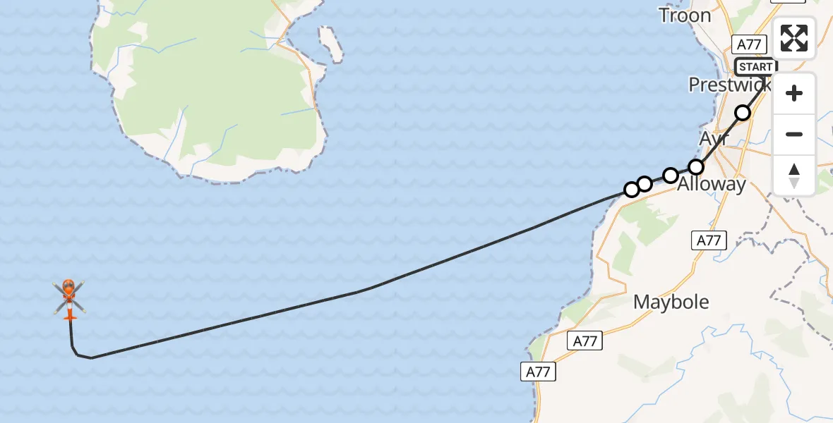 Flight route Coastguard Helicopter Glasgow Prestwick Airport - Inner Seas, 19 July 2026, 09:01