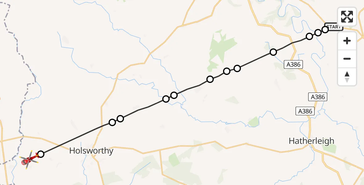 Flight route Air Ambulance Helicopter Beaford - Pyworthy, 19 July 2026, 09:04