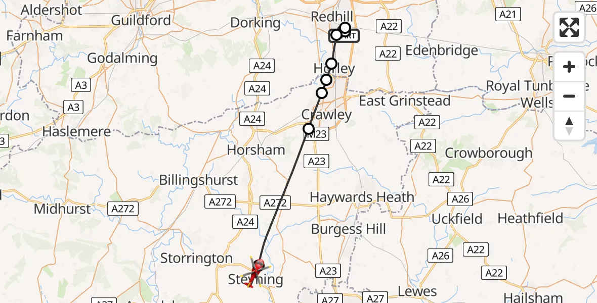 Flight route Air Ambulance Helicopter Redhill Aerodrome - Steyning, 19 July 2026, 09:14