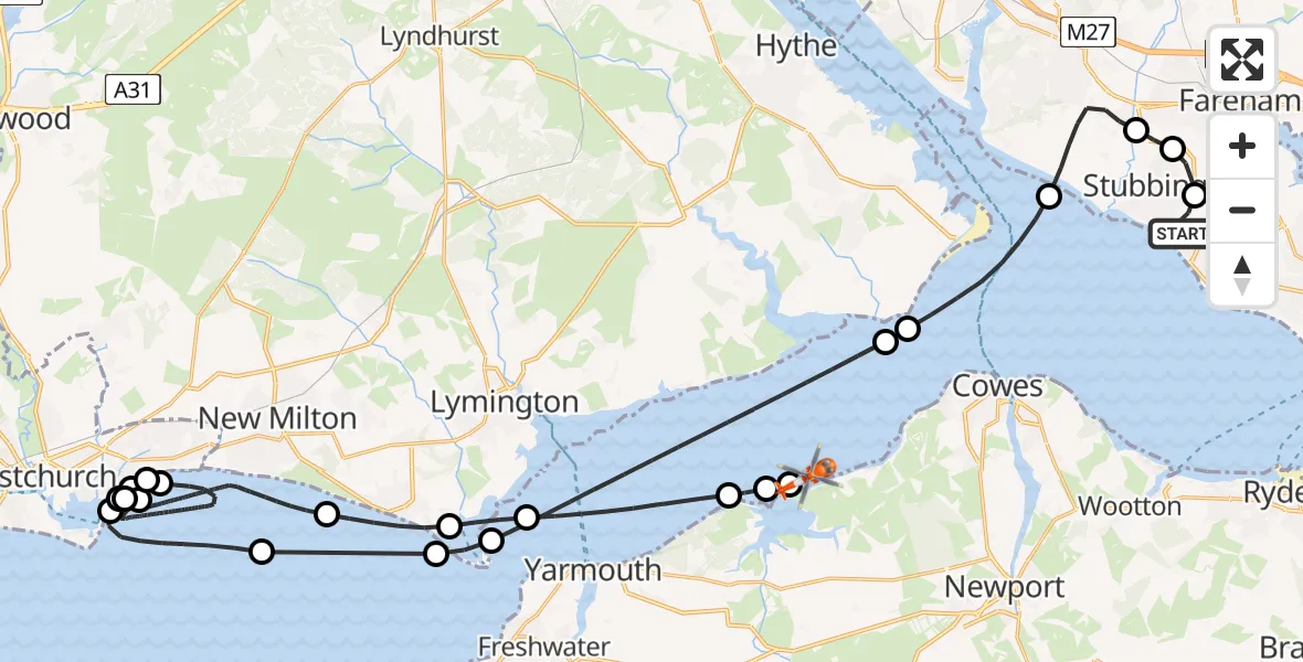 Flight route Coastguard Helicopter Solent Airport - Newtown, 19 July 2026, 09:14