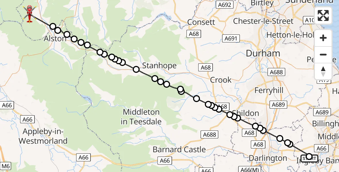 Flight route Air Ambulance Helicopter Egglescliffe - Knaresdale with Kirkhaugh, 19 July 2026, 09:34