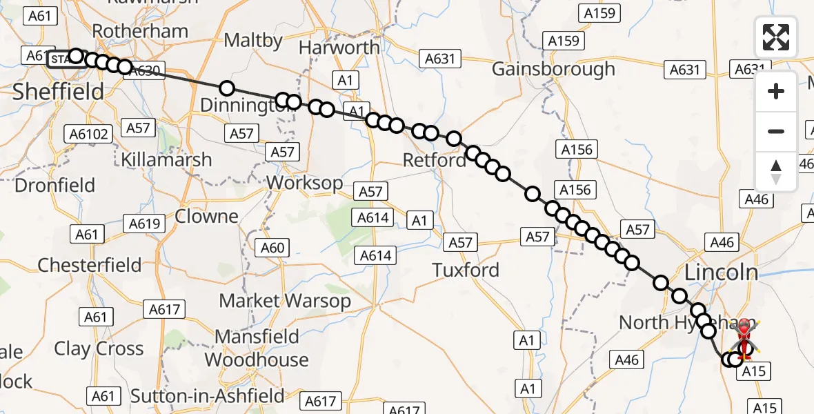 Flight route Air Ambulance Helicopter Sheffield Northern Hospital - North Kesteven, 19 July 2026, 09:38