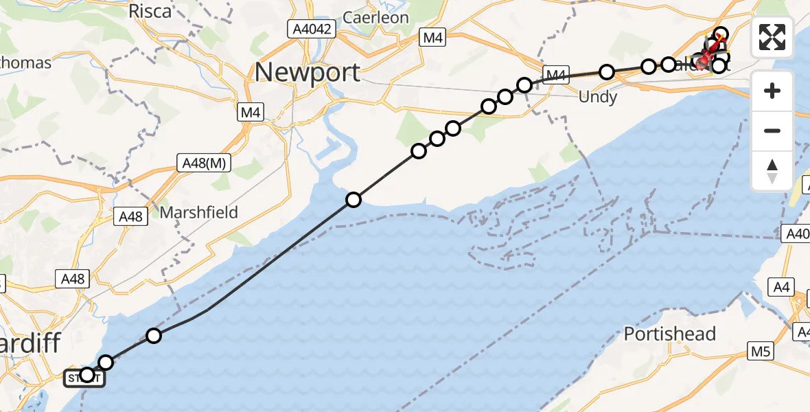 Flight route Air Ambulance Helicopter Cardiff Heliport - Portskewett, 19 July 2026, 09:41