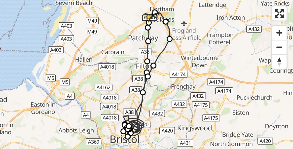 Flight route Police Helicopter Almondsbury Helicopter Base - Almondsbury Helicopter Base, 19 July 2026, 10:00