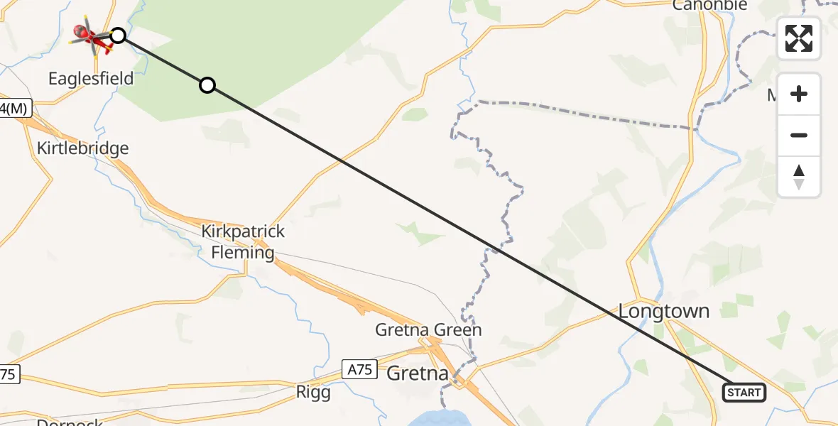 Flight route Air Ambulance Helicopter Longtown - Eaglesfield, 19 July 2026, 10:00
