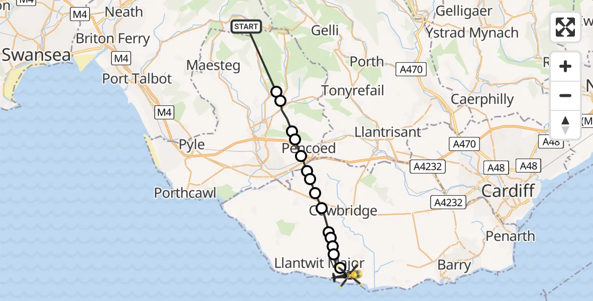 Flight route Police Helicopter Abergwynfi - MOD St Athan, 19 July 2026, 10:10