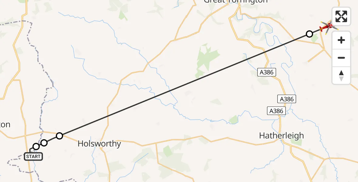Flight route Air Ambulance Helicopter Torridge - Roborough, 19 July 2026, 10:14