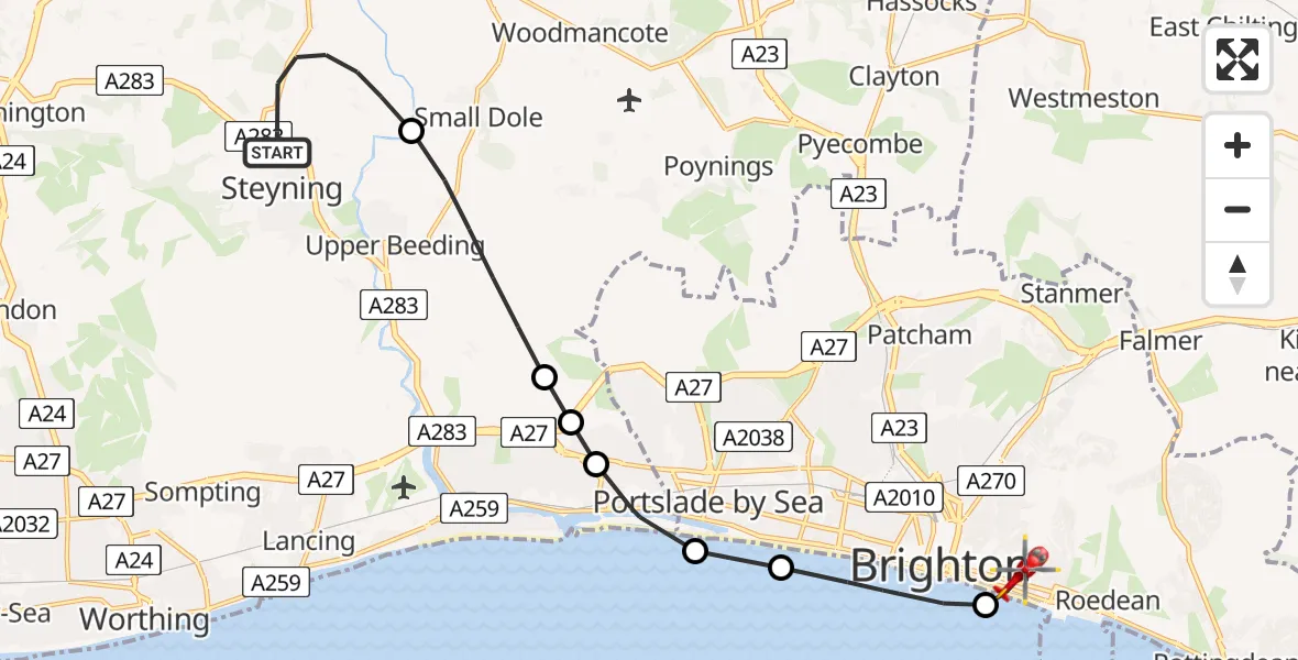Flight route Air Ambulance Helicopter Steyning - Brighton, 19 July 2026, 10:27