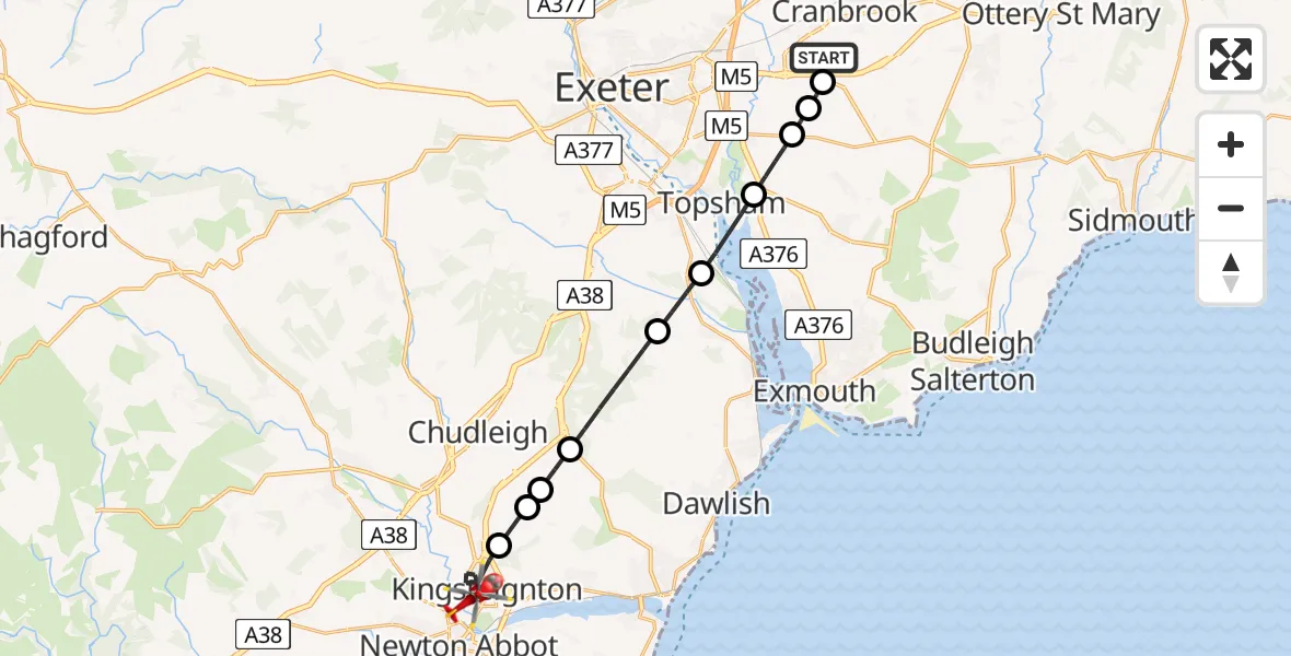 Flight route Air Ambulance Helicopter Exeter International Airport - Kingsteignton, 19 July 2026, 10:27