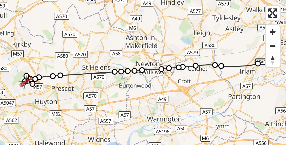 Flight route Air Ambulance Helicopter Irlam - Knowsley, 19 July 2026, 10:32