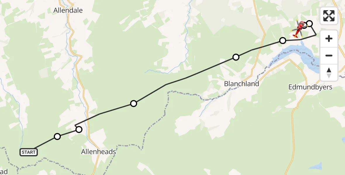 Flight route Air Ambulance Helicopter West Allen - Slaley, 19 July 2026, 10:41