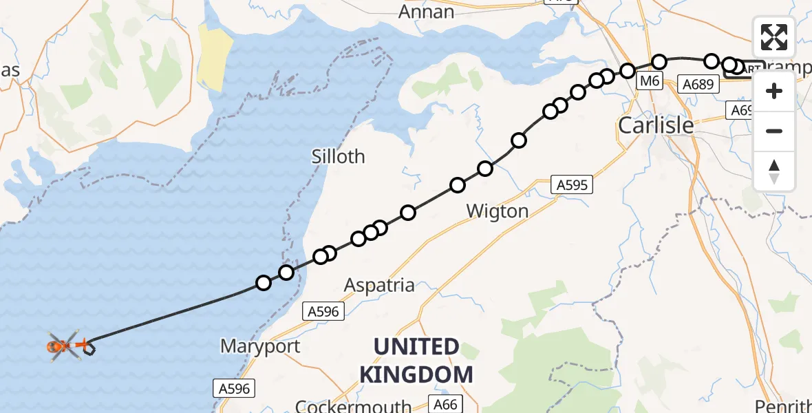 Flight route Coastguard Helicopter Carlisle Lake District Airport - Irish Sea, 19 July 2026, 10:43