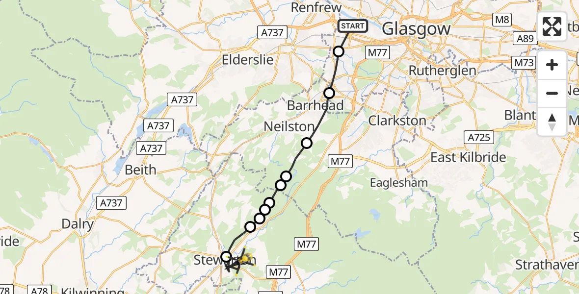 Flight route Police Helicopter Queen Elizabeth Hospital - Stewarton, 19 July 2026, 11:03