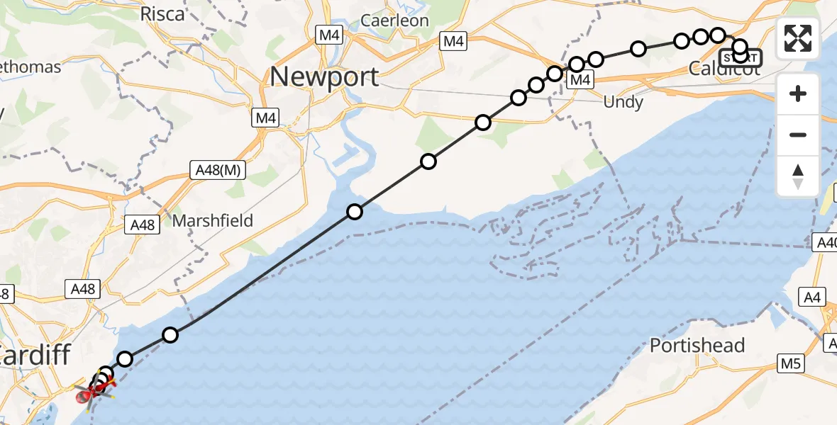 Flight route Air Ambulance Helicopter Caldicot - Cardiff Heliport, 19 July 2026, 11:03