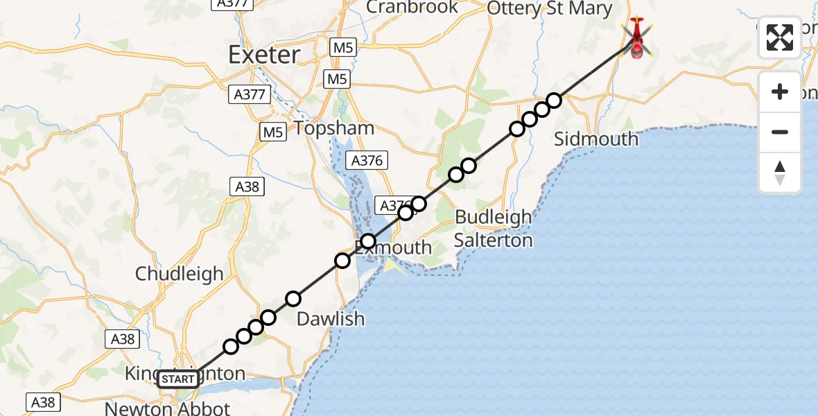 Flight route Air Ambulance Helicopter Kingsteignton - Sidmouth, 19 July 2026, 11:10