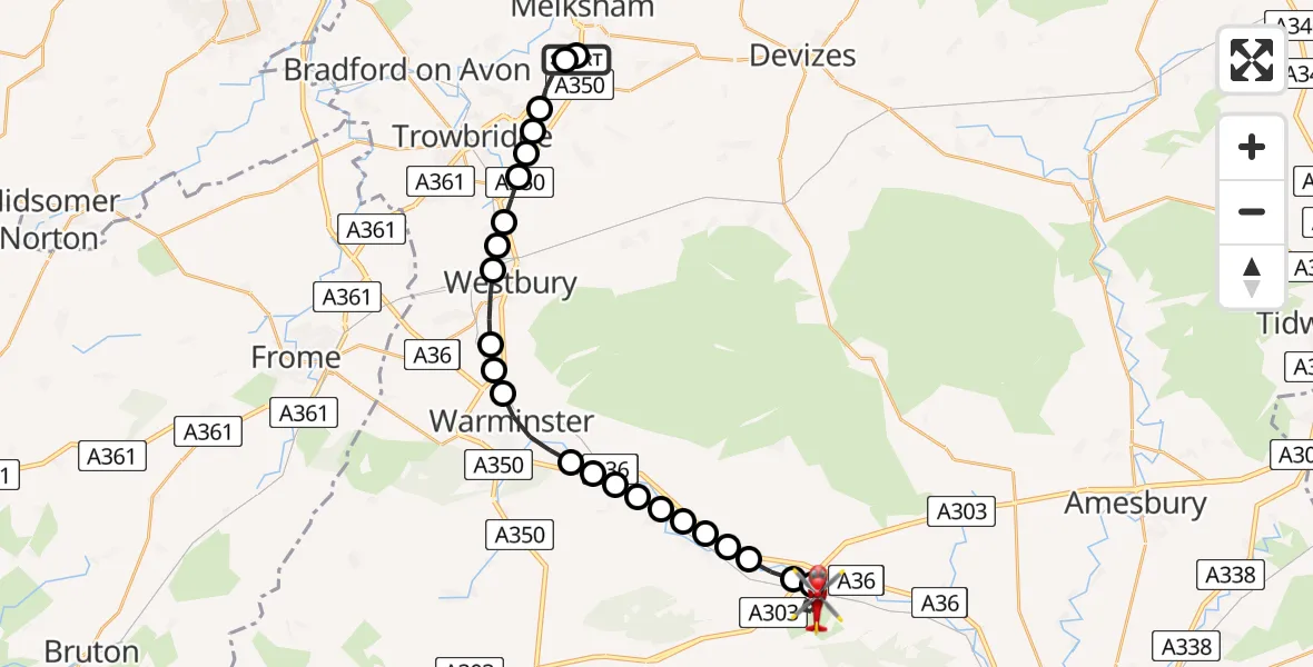 Flight route Air Ambulance Helicopter Wiltshire Air Ambulance - Wylye, 19 July 2026, 11:11