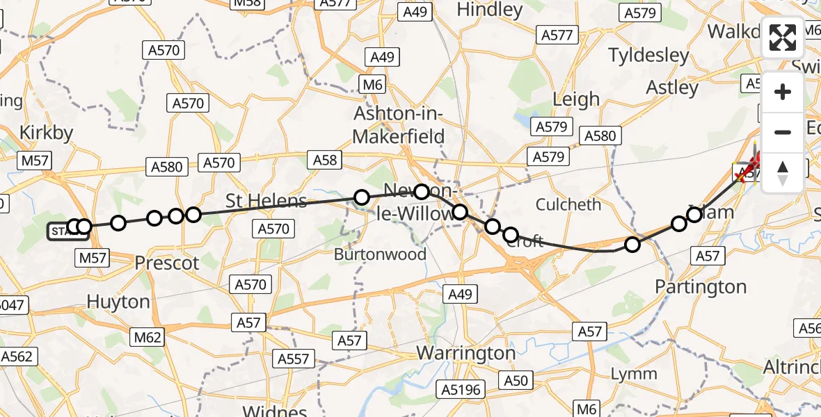 Flight route Air Ambulance Helicopter Croxteth - Manchester Barton Aerodrome, 19 July 2026, 11:15